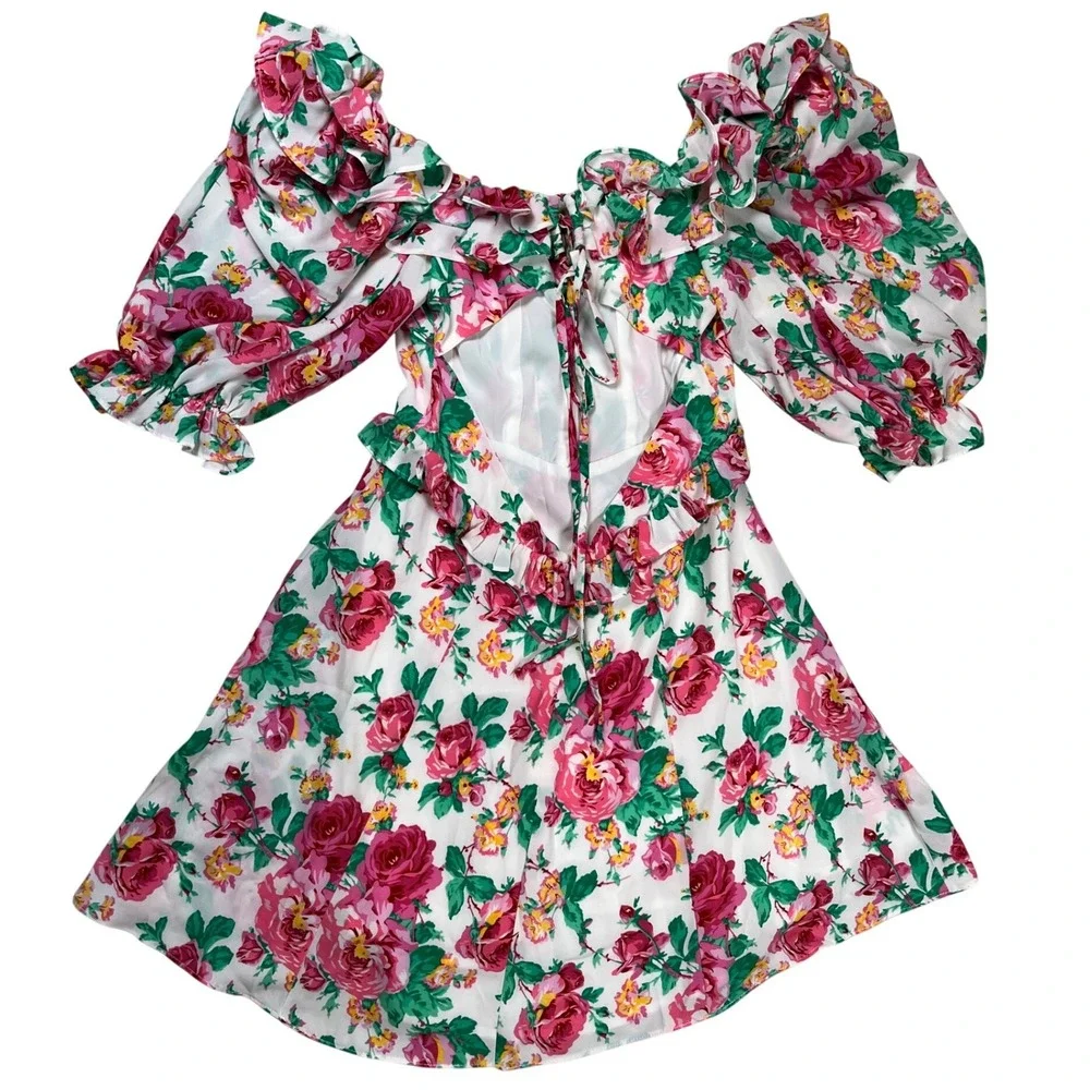 For Love & Lemons Imogen Dress Sz Small Floral Mini‎ Ruffle Puff Sleeve Spring - Picture 2 of 7
